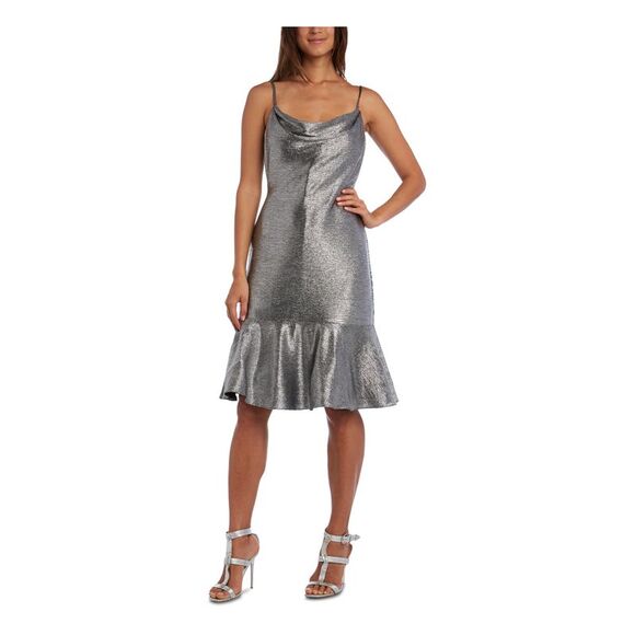 Nightway Women's Sequined Solid Spaghetti Strap V Neck Full Length Sheath Evening Dress Blue Size 8
